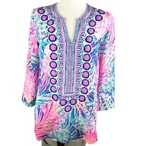 LILLY PULITZER Silk‎ Tunic Beaded V-Neck. 3/4 Sleeve. Pink. Size XS